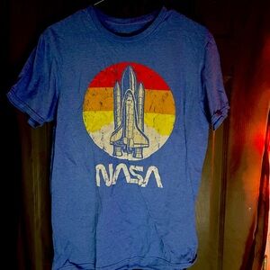 NASA Space Shuttle T-Shirt – Retro Sunset Graphic – Size Medium – Soft Blue